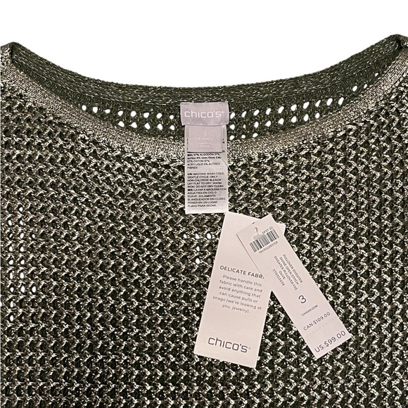 Chicos Women's Pullover Shine Open Stitch Sweater-Olive Green Metallic-Size 3 - Picture 4 of 9